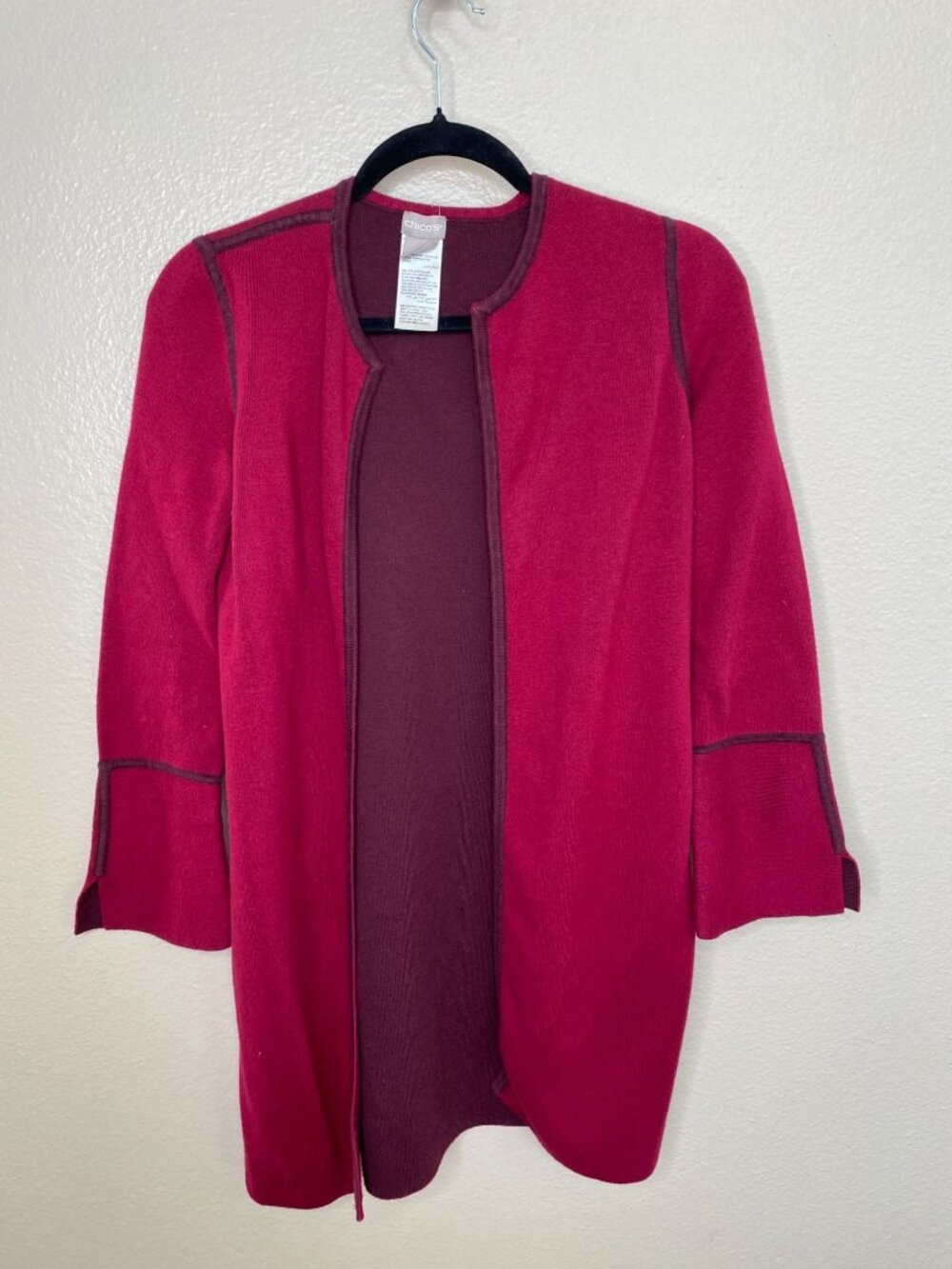 Chicos Womens Open Front Cardigan Size S Ruby Red Knit Jacket Cotton Reversible